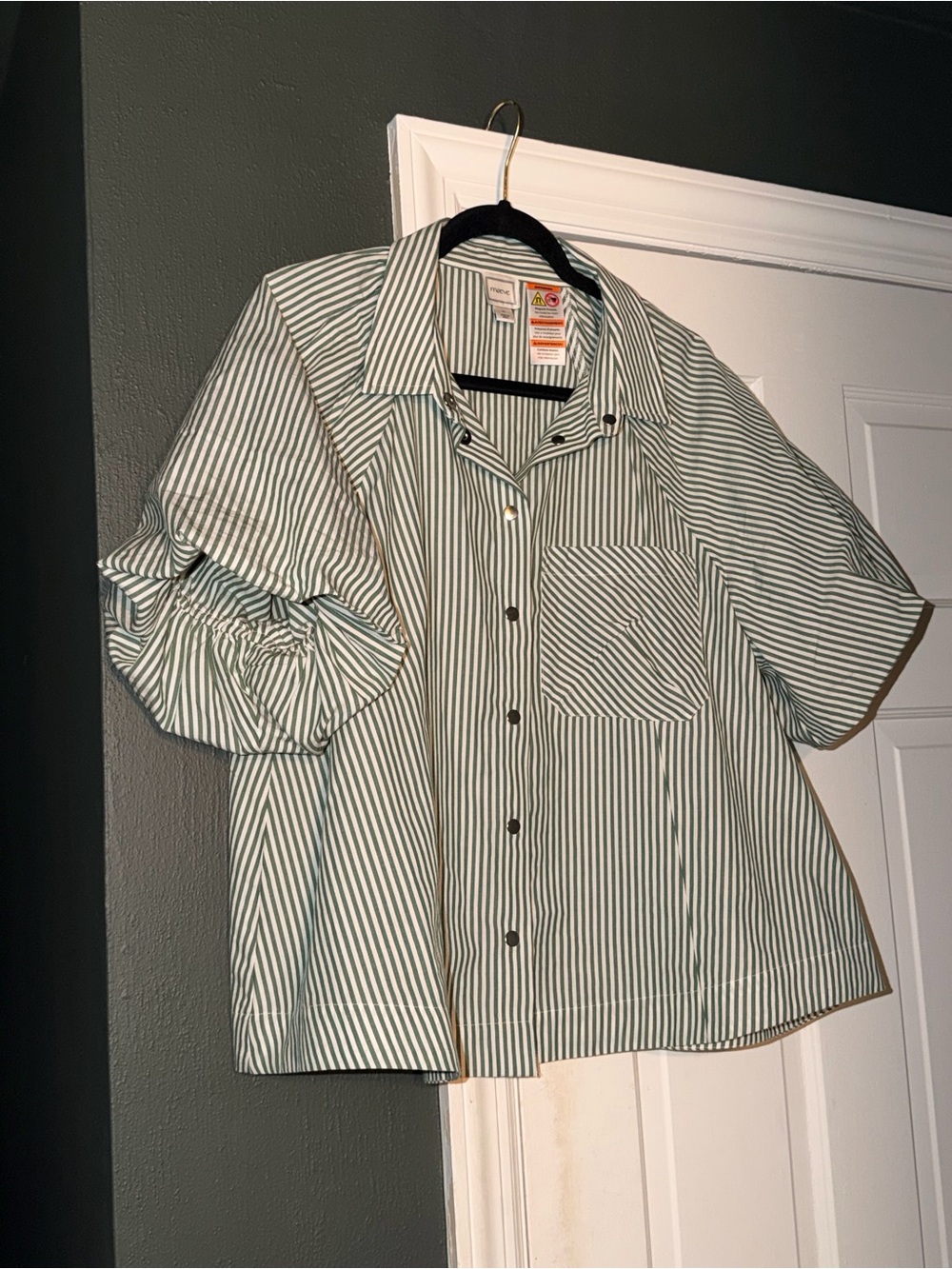 Maeve Green and White Striped Short-Sleeve Button-Down
